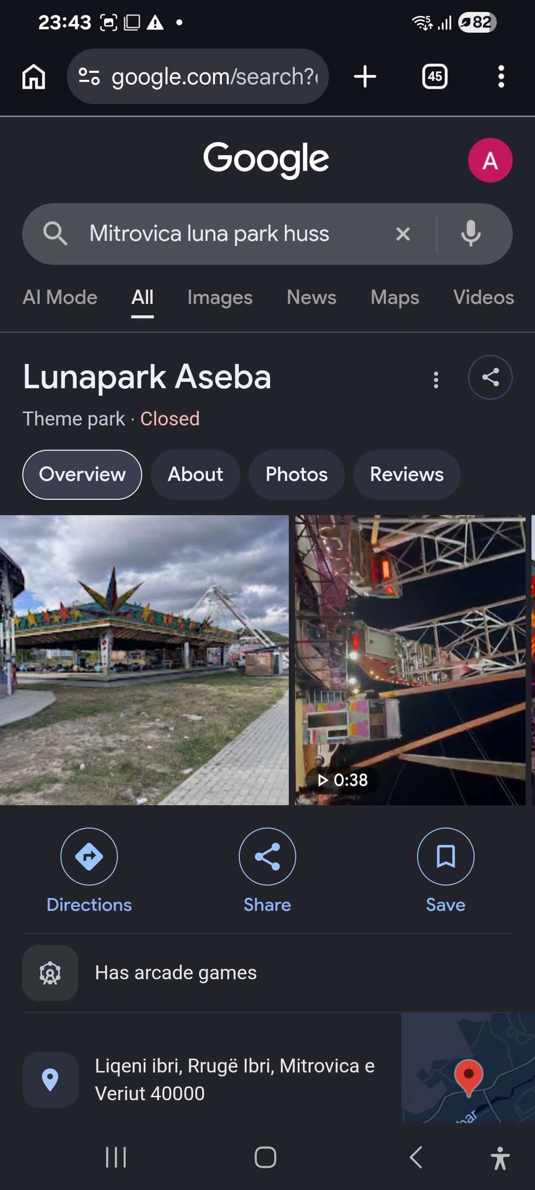 Google search results panel for “Lunapark Aseba,” showing a theme park listing marked Closed, with photographs and a map pin.
